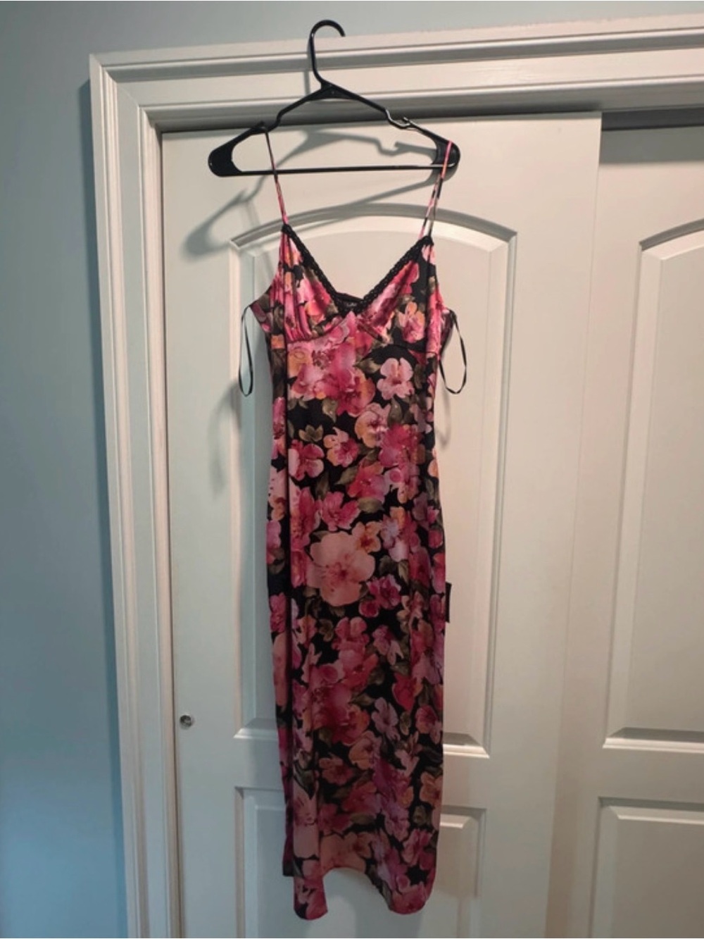 Lulu's Pink Floral Slip Dress with Black Lace Trim